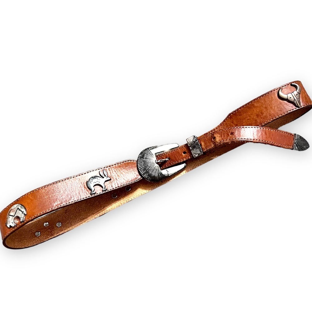 Silver Creek Vtg Leather Southwest Belt Size 32 SilverTone Animal Concho Leegin